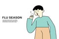 Young boy coughing have flu and cold , sickness allergy concept, flat vector illustration