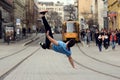 A young boy dancing breakdance on the street. Royalty Free Stock Photo