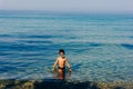 Young boy with diving mask in water Royalty Free Stock Photo