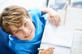 Young boy doing his homework at home. School kid learning Royalty Free Stock Photo