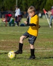 Young boy dribbles soccer ball during game Royalty Free Stock Photo