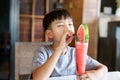 Young boy drink watermelon juice Royalty Free Stock Photo