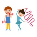 Young boy with dumbbells and flexibility gymnastic girl vector.