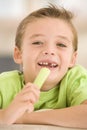 Young boy eating celery in living room Royalty Free Stock Photo