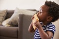 Young Boy Eating Toasted Sandwich At Home Royalty Free Stock Photo