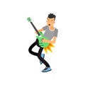 Young boy enjoys playing electric guitar. Rock music guitar player. Cartoon flat style vector illustration isolated on Royalty Free Stock Photo