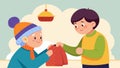 A young boy enthusiastically tries on a handknitted hat while the elderly seller fondly recalls memories of her own Royalty Free Stock Photo