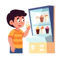 Young boy excited choosing ice cream freezer, happy child holding cone. Cartoon illustration kid Royalty Free Stock Photo