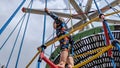 Young boy exploring a climbing frame rope ladder Royalty Free Stock Photo