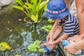 Young boy feeding Koi fish with milk bottle Royalty Free Stock Photo