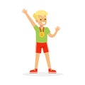 Young boy with a first place medal, kid celebrating his golden medal cartoon vector Illustration