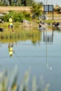 A young boy fishes at a fishing pond. Royalty Free Stock Photo