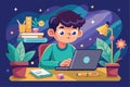A young boy is focused on his laptop while surrounded by plants, books, and a lamp, immersed in his creative writing task Royalty Free Stock Photo