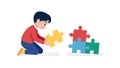 Young boy focuses on connecting a two-piece puzzle, symbolizing teamwork, vector design Generative AI Royalty Free Stock Photo