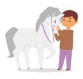 Young boy gently petting white horse, both shown in profile on clear background. Child enjoying time with horse, animal