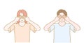 Young boy and girl are covering eyes with two hands. Hand drawn