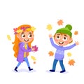 A young boy and girl are playing with fallen leaves isolated on a white background Royalty Free Stock Photo