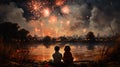 Young boy and girl sitting by a serene lake, gazing in awe at the vibrant, festive fireworks illuminating the night sky