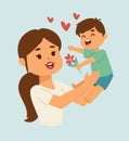 Young boy giving flower to smiling woman, mother and son showing affection, child with red flower. Happy Mother s Day Royalty Free Stock Photo