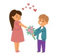 Young boy giving flowers to a girl, both smiling, hearts floating above, casual clothing. Romance and kids showing