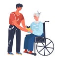 Boy giving fruit to a senior woman on a wheelchair. Flat design illustration. Vector Royalty Free Stock Photo