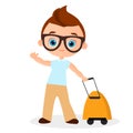 Young Boy with glasses and packsack travel. Travelling with the knapsack. Vector illustration eps 10 isolated on white background.