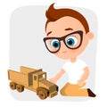 Young Boy with glasses and toy car. Boy playing car. Vector illustration eps 10 isolated on white background. Flat cartoon style. Royalty Free Stock Photo