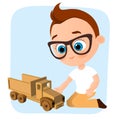 Young Boy with glasses and toy car. Boy playing car. Vector illustration eps 10 isolated on white background. Flat cartoon style. Royalty Free Stock Photo