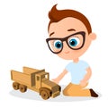 Young Boy with glasses and toy car. Boy playing car. Vector illustration eps 10 isolated on white background. Flat cartoon style. Royalty Free Stock Photo