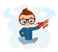 Young Boy with glasses and toy plane. Boy playing with airplane. Vector illustration eps 10 isolated on white background. Flat car Royalty Free Stock Photo