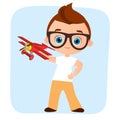 Young Boy with glasses and toy plane. Boy playing with airplane. Vector illustration eps 10 isolated on white background. Flat car Royalty Free Stock Photo