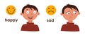 Young boy with good and bad mood. Change in emotions, joy, sadness. Two cartoon characters with different emotions and emoticons. Royalty Free Stock Photo