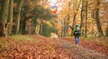 Young Boy Having Fun Running Along Path Through Autumn Woodland Flying Kite Royalty Free Stock Photo