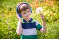 Young boy in headphones listening to modern music in nature. Child likes the song and look to giant dandelion. Kid music relax