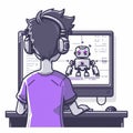 A young boy with headphones programming a robot on his computer. Royalty Free Stock Photo