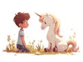 A Young Boy Helping a Lost Unicorn Find Its Way Home AI Generated