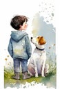 Young boy with his dog on the spring meadow. Children watercolor illustration.
