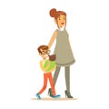 Young boy with his mother holding a wrapped cat. Colorful cartoon character Illustration Royalty Free Stock Photo