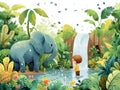 A Young Boy and His Pet Elephant Discovering a Jungle Waterfall AI Generated