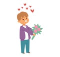 Young boy holding a bouquet of flowers with love hearts above head. Happy child offering roses, expressing affection Royalty Free Stock Photo