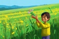 A young boy holding a butterfly in a field of flowers. AI generative image Royalty Free Stock Photo