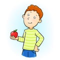 Young boy holding and eating a red apple. Diet food, healthy lifestyle, vegan and vegetarian food, raw food diet flat cartoon