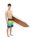 Young boy holding a surfboard over white backgroun Royalty Free Stock Photo