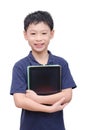 Young boy holding tablet computer over white Royalty Free Stock Photo