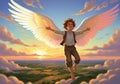 A young boy with a joyful expression is flying through a sky filled with fluffy, golden clouds, Royalty Free Stock Photo