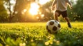 A young boy kicking a soccer ball on the grass in sunlight, AI Royalty Free Stock Photo