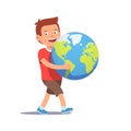 Young boy kid carrying holding planet earth Royalty Free Stock Photo