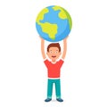 Young boy kid holding planet earth
