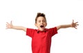 Young boy kid in red polo t-shirt celebrating happy smiling laughing with hands spreading Royalty Free Stock Photo