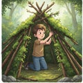 A young boy is kneeling inside a makeshift shelter constructed from sticks and leafy Royalty Free Stock Photo